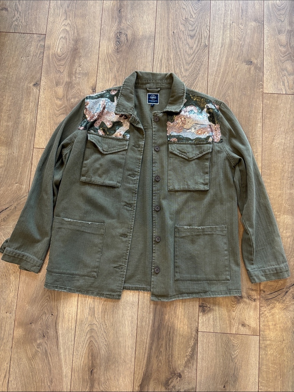 Boom Boom Camo Sequin Utility Shacket Jacket Olive Green Twill Military